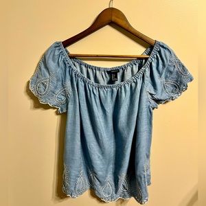 Forever 21 chambray embroidered Denim off the shoulder top